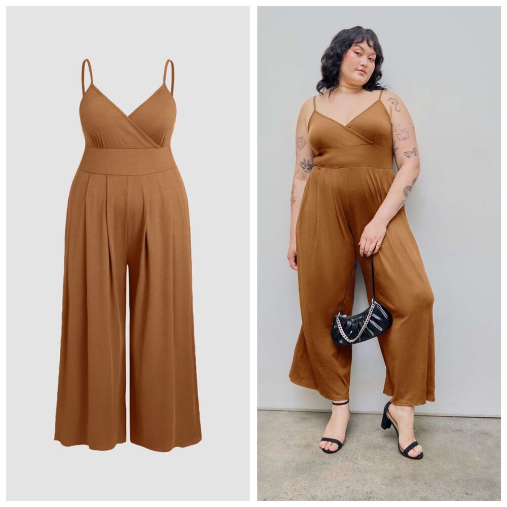 NWT CIDER Camel Wide Leg Jumpsuit Women’s Strappy V-Neck Cami Romper - 2XL‎